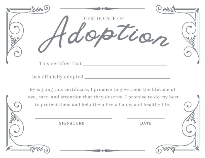 Animal adoption certificate coloring